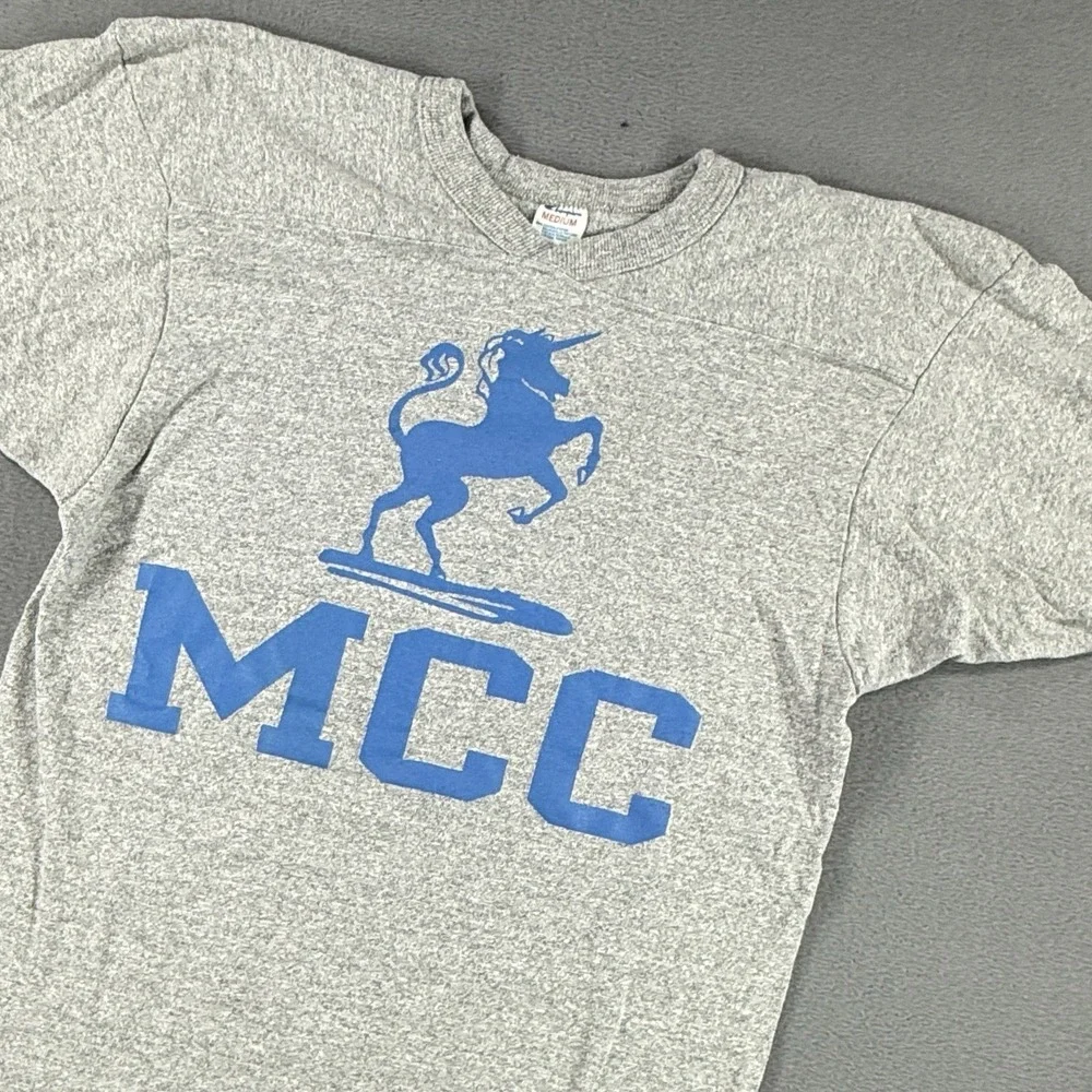 Vintage 70s Champion MCC College Unicorn Mascot T Shirt Mens Medium Made In USA - Picture 1 of 7